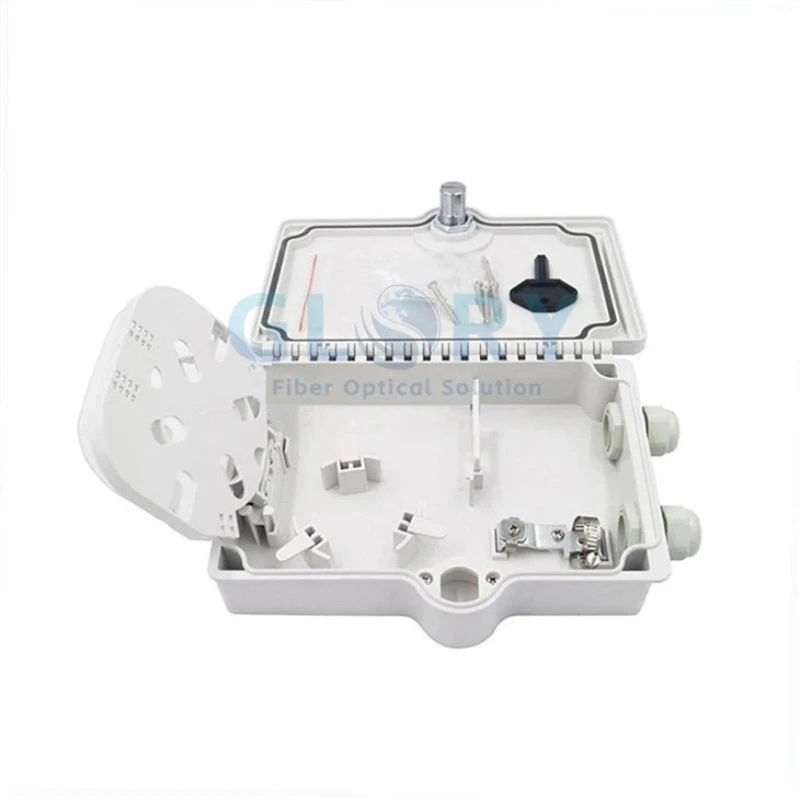 info-220-220 Open Glory GL-FTB-4F termination box showing its splice tray and internal cable management