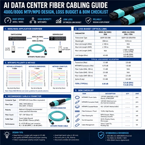 AI Data Center Fiber Cabling Guide: 400G/800G MTP/MPO Design, Loss Budget & BOM Checklist | Glory...