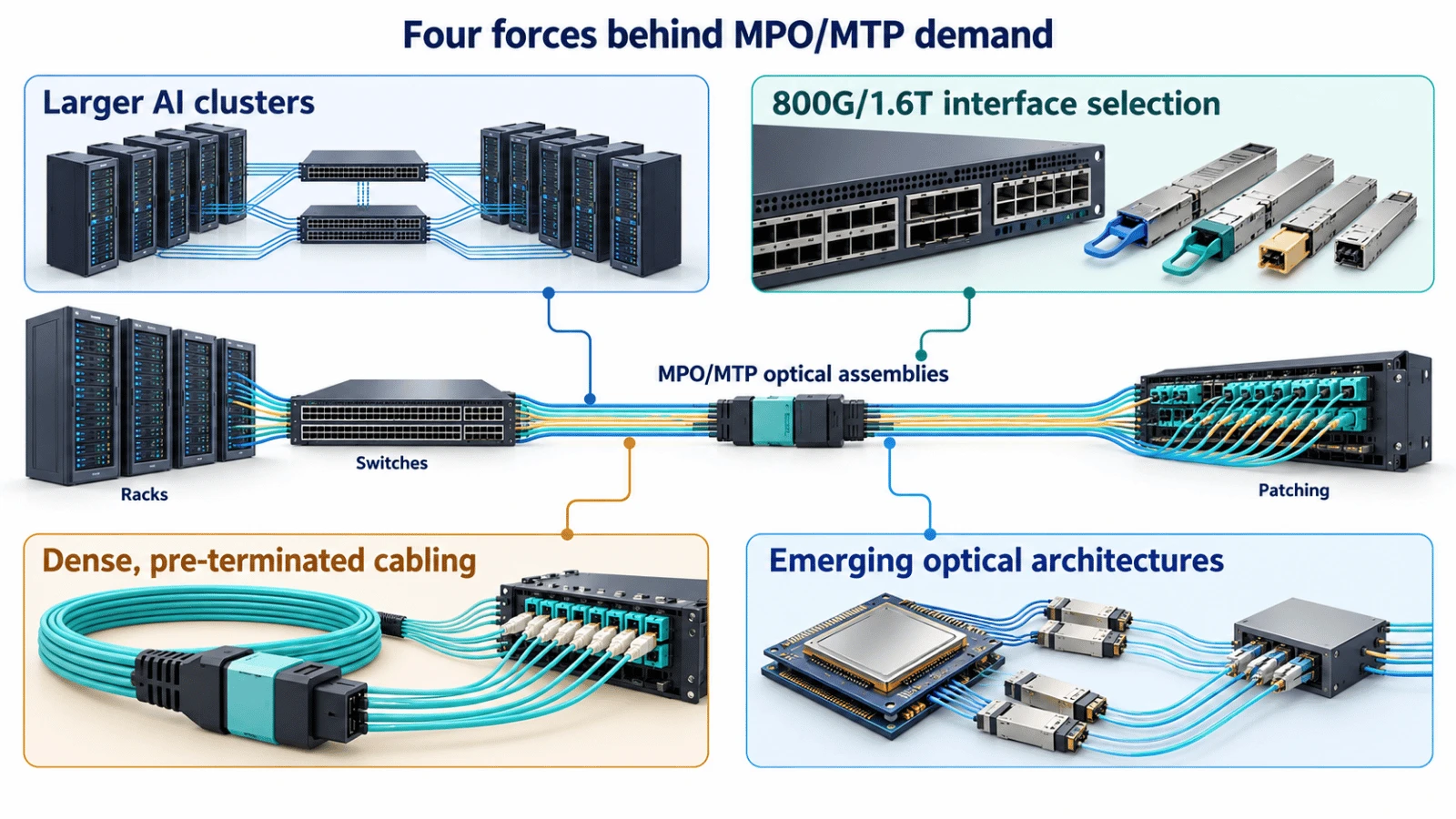 Four MPO/MTP demand drivers: AI clusters, faster networking, dense cabling and new optical architectures. Four MPO/MTP demand drivers: AI clusters, faster networking, dense cabling and new optical architectures.