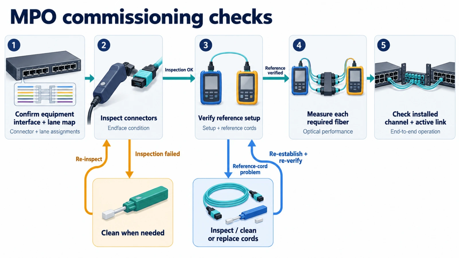 MPO commissioning workflow covering lane mapping, inspect-clean-reinspect, reference verification and optical testing. MPO commissioning workflow covering lane mapping, inspect-clean-reinspect, reference verification and optical testing.